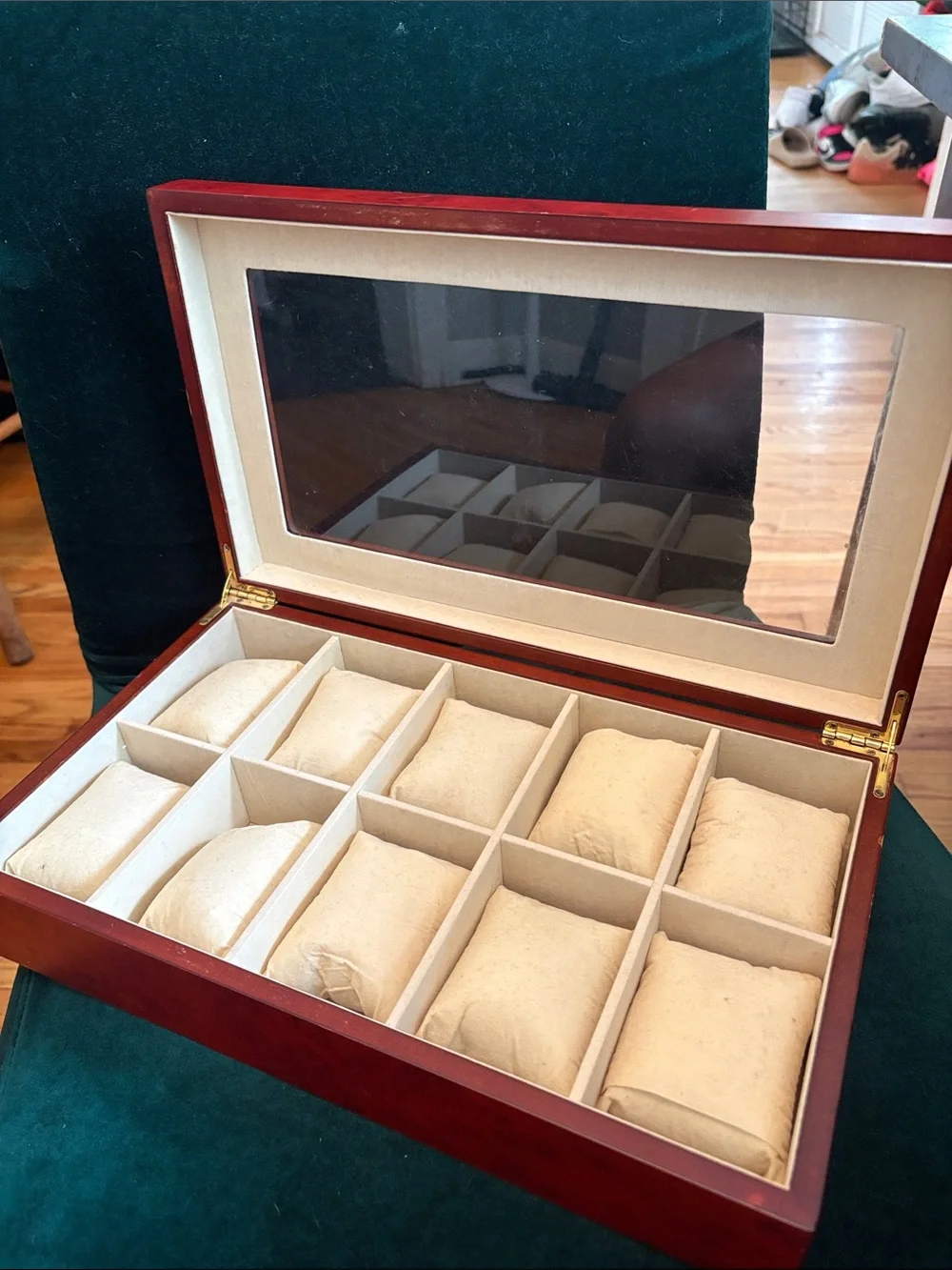 Wooden 10-Slot Watch Storage Box with Glass Lid - Cherry Finish